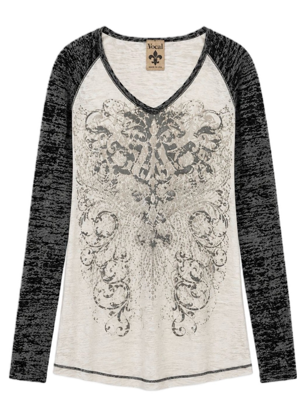 Vocal White/Gray/Black Graphic Cross V-Neck Burnout Long Sleeve RhinestoneTee XL